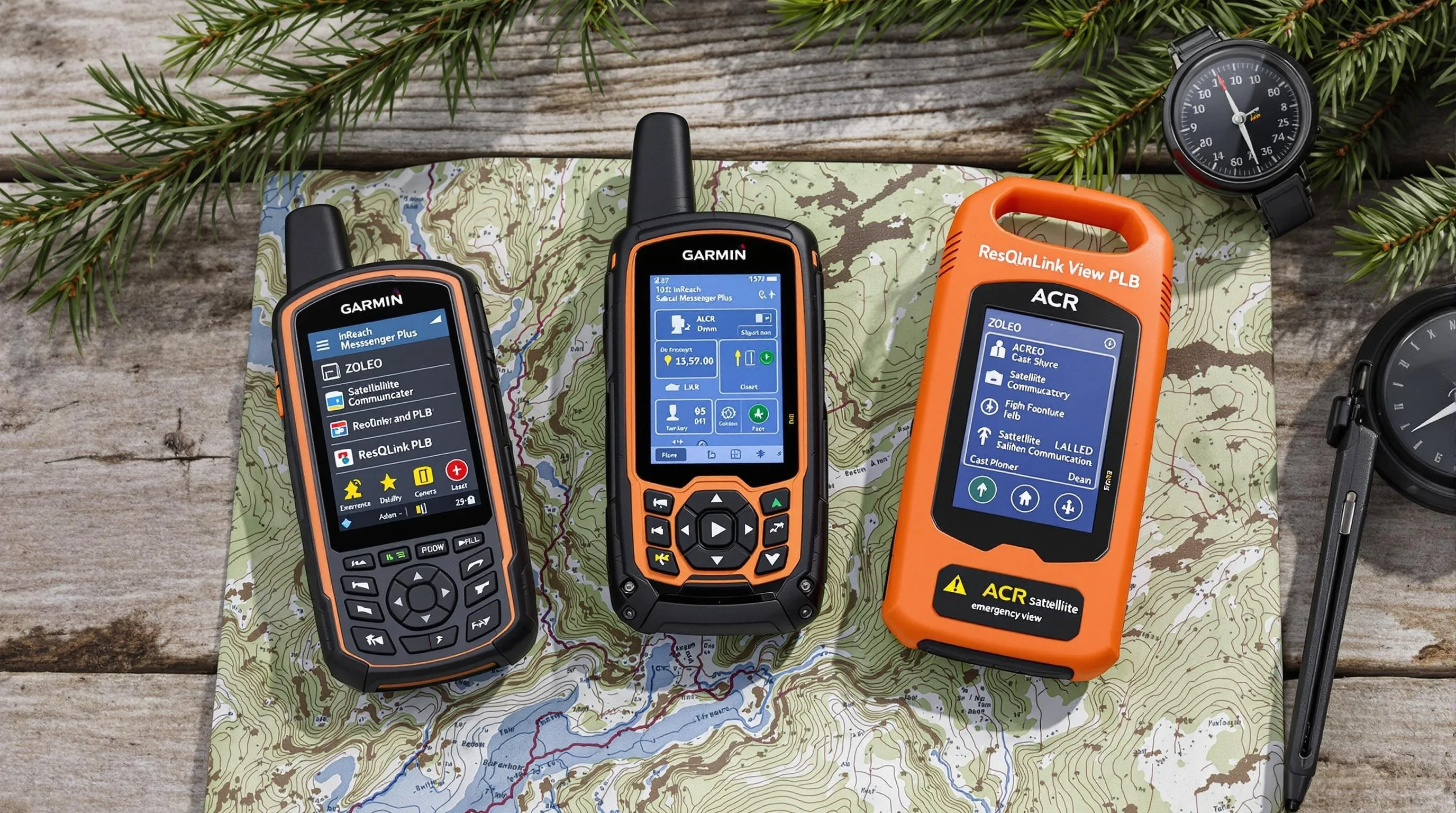 Satellite communication devices arranged on a topographic map