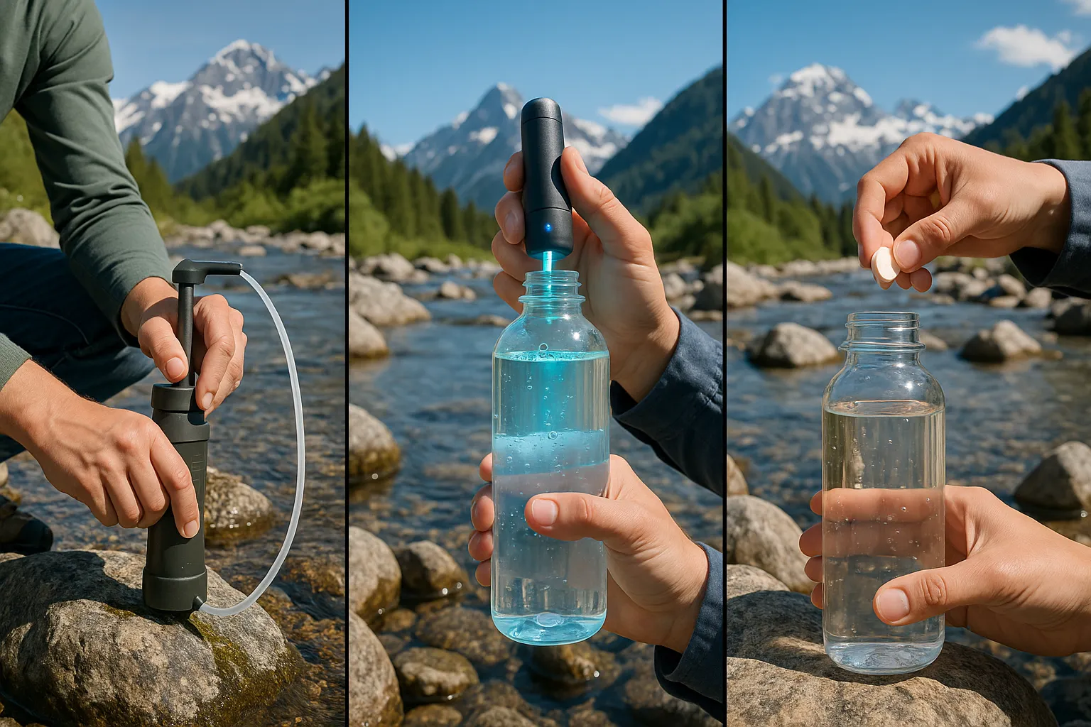 Three water purification methods in use at a mountain stream