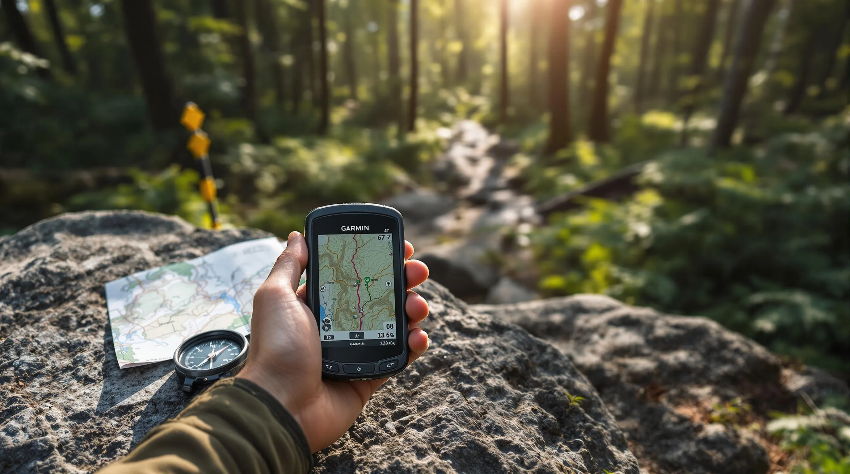 First-person view of navigation tools including GPS device, compass and map