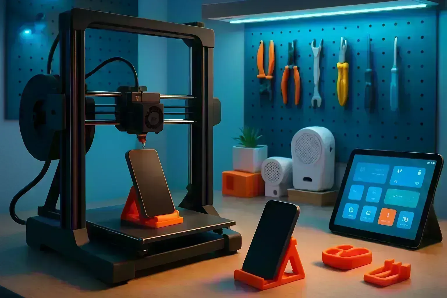 Tech DIY workspace with 3D printer and smart gadgets